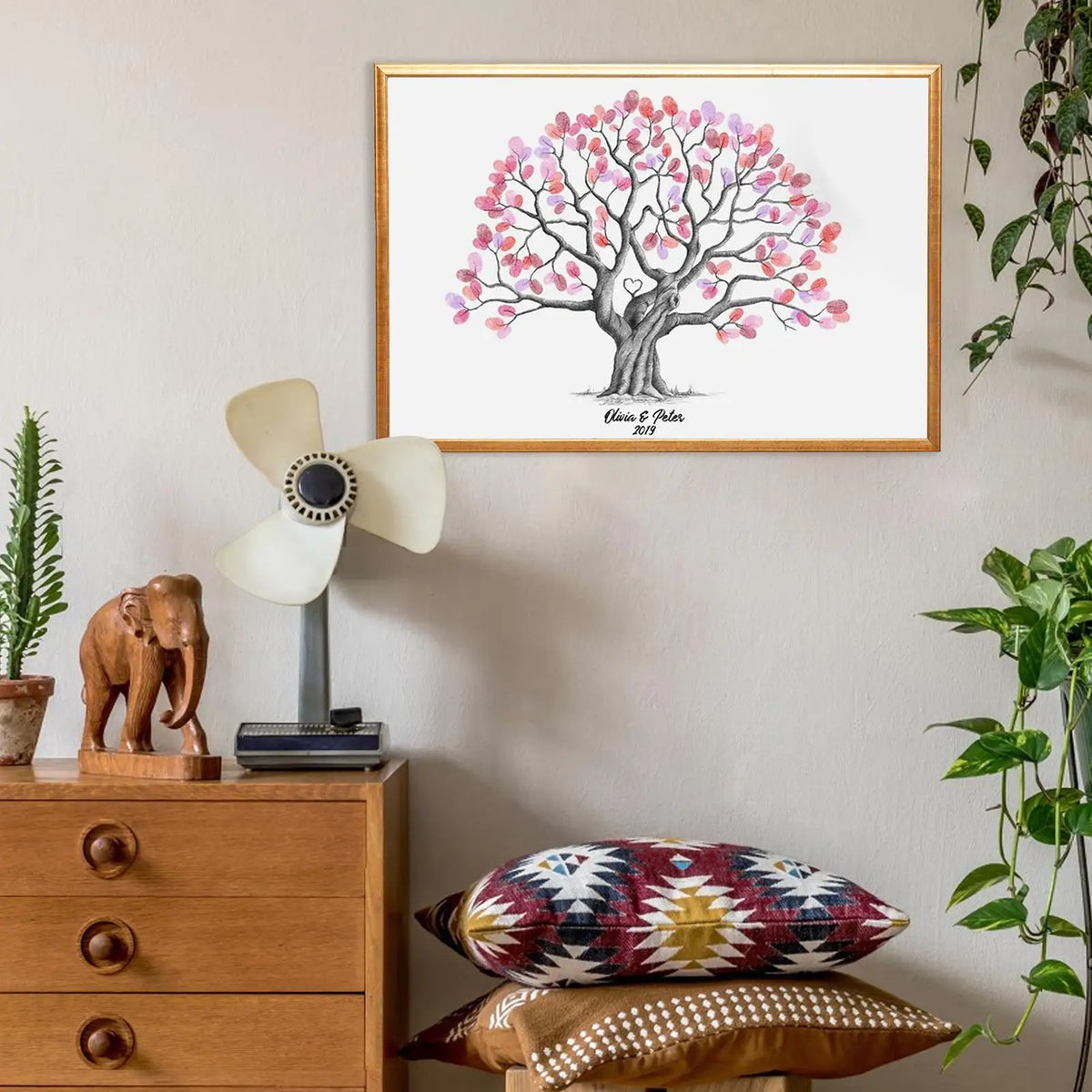 tableau decoratif impression toile arbre empreintes digitales marron rouge rose vert blanc beau romantique