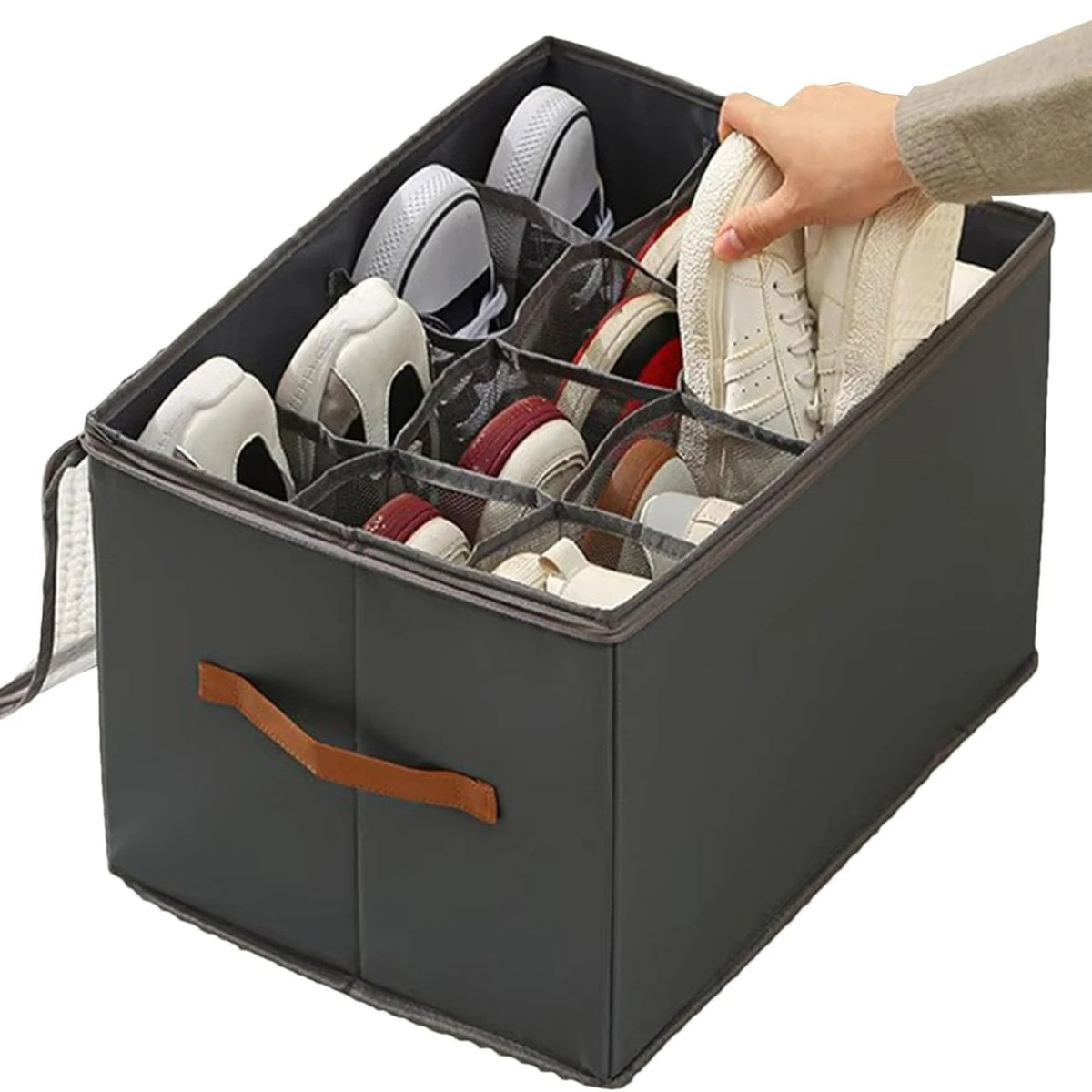 boîte rangement chaussures pliable transparente moderne poignées cuir gris conteneur organiser paires echangement gọnducible