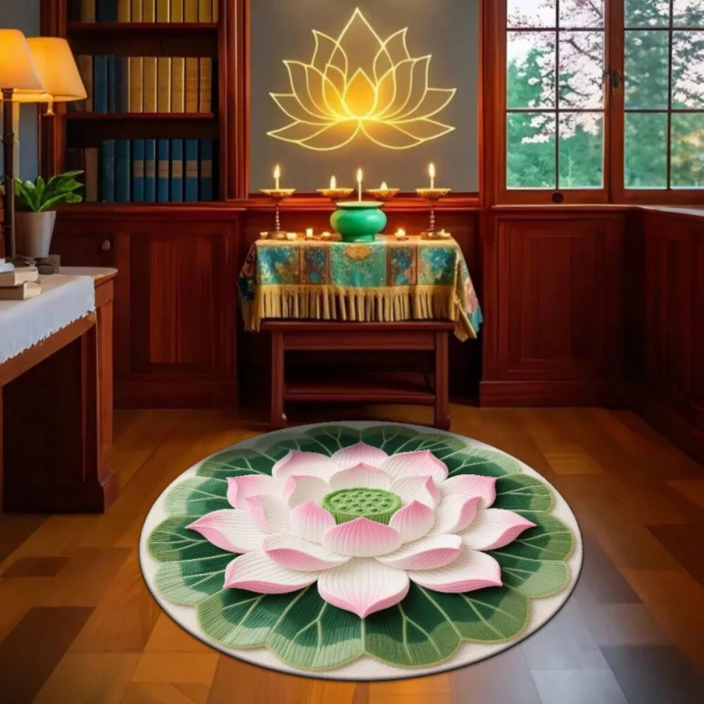 tapis rond fleur lotus vert rose blanc décoration zen salon chambre moderne ethnique