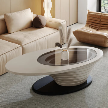 table basse moderne bois mdf verre transparent ondulations minimaliste salon beige marron gris