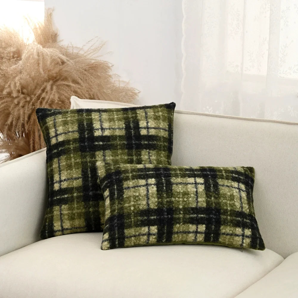 housses coussin orange beige carreaux rustiques plaids décoratifs polyester respectueux environnement farmhouse