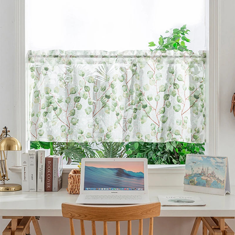 rideau moderne feuilles vertes fond blanc polyester translucide maison 80cm