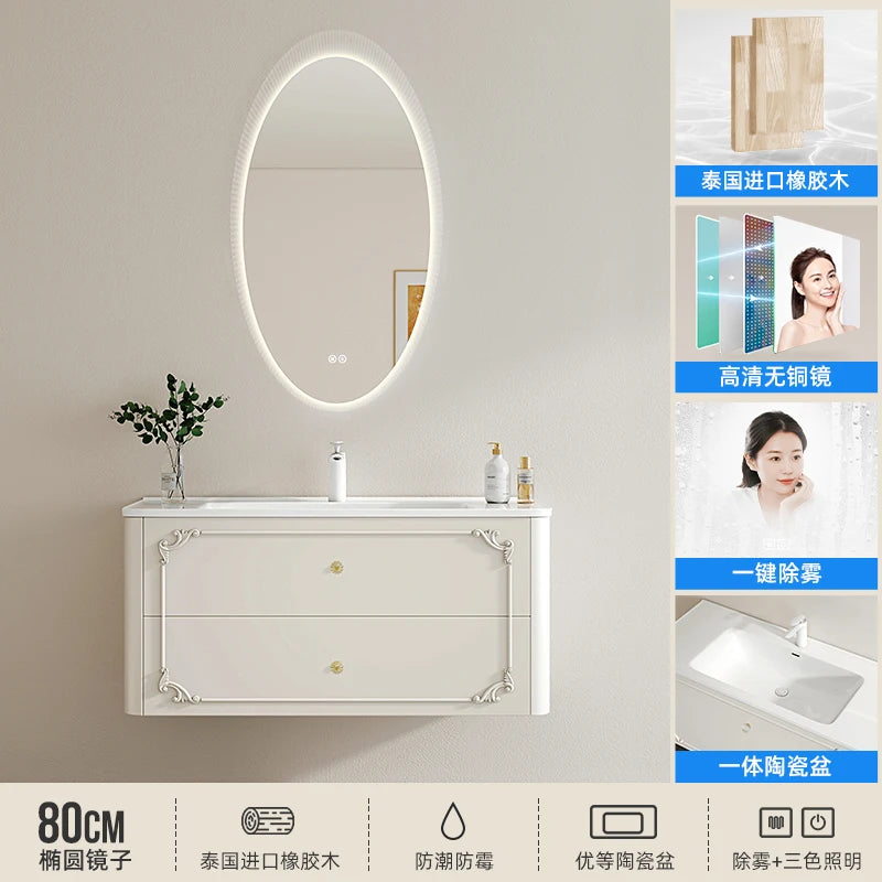 meuble salle bain noir blanc tiroirs vasque ornements dorés classique fixations murales accessoires cosmétiques