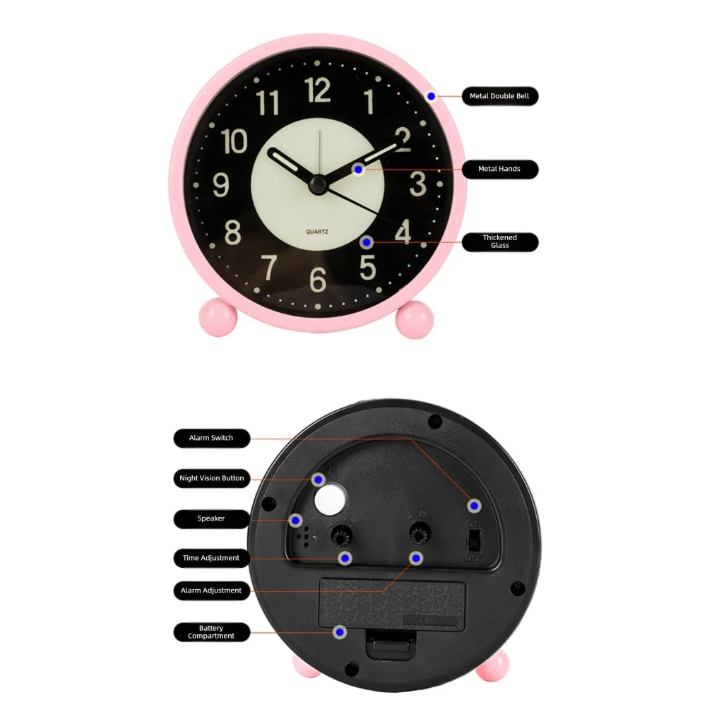 horloge table vintage sans tic tac piles lumineuse noir rose vert glow