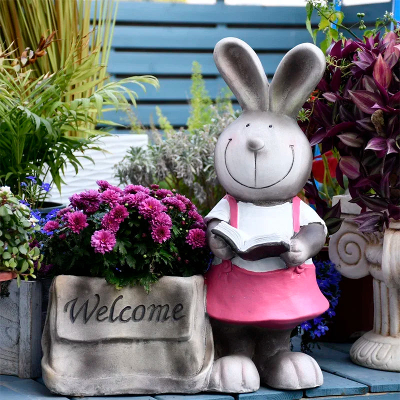 figurines lapins decoratifs pot fleurs welcome inscription jardin decoration champetre enfants fleurs