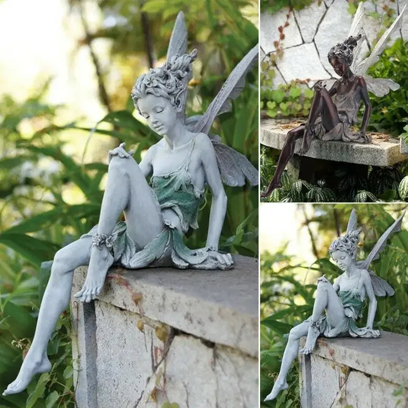 statues fées jardin extérieur résine vert gris blanc ailes translucides robe feuillue classique romantique