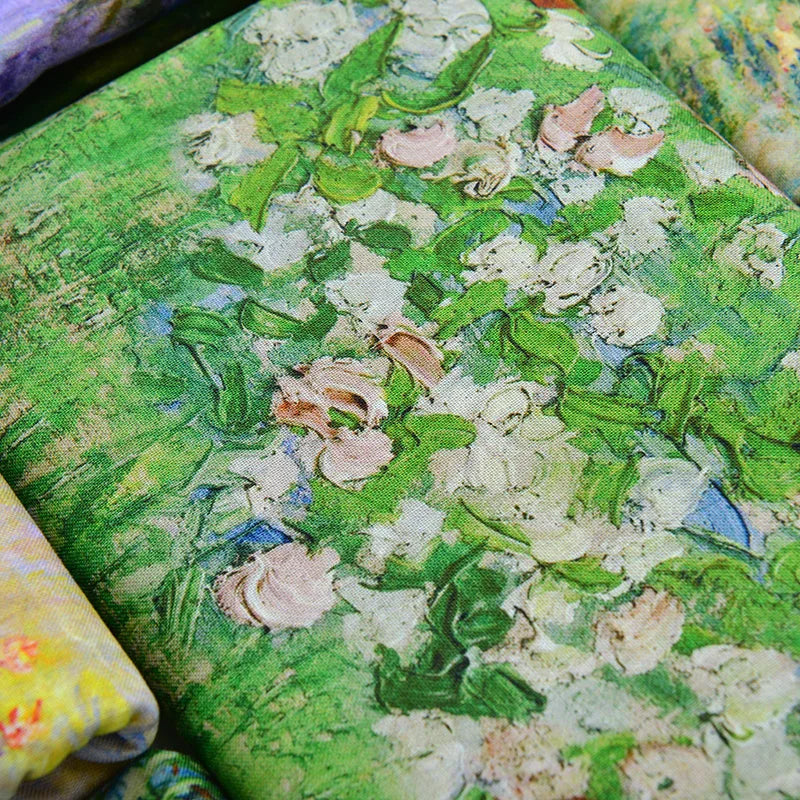 tissu imprimé coton biodegradable 145x50cm paysages fleurs abstrait impressionniste vert bleu rose