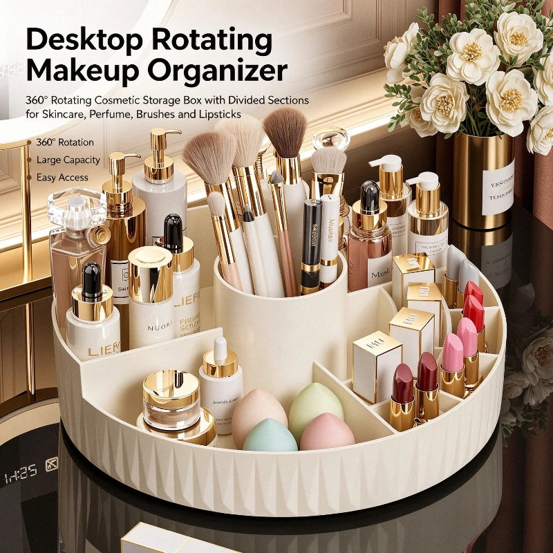 organisateur maquillage rotatif beige rayures moderne brosse parfum crème poudre rouge palette