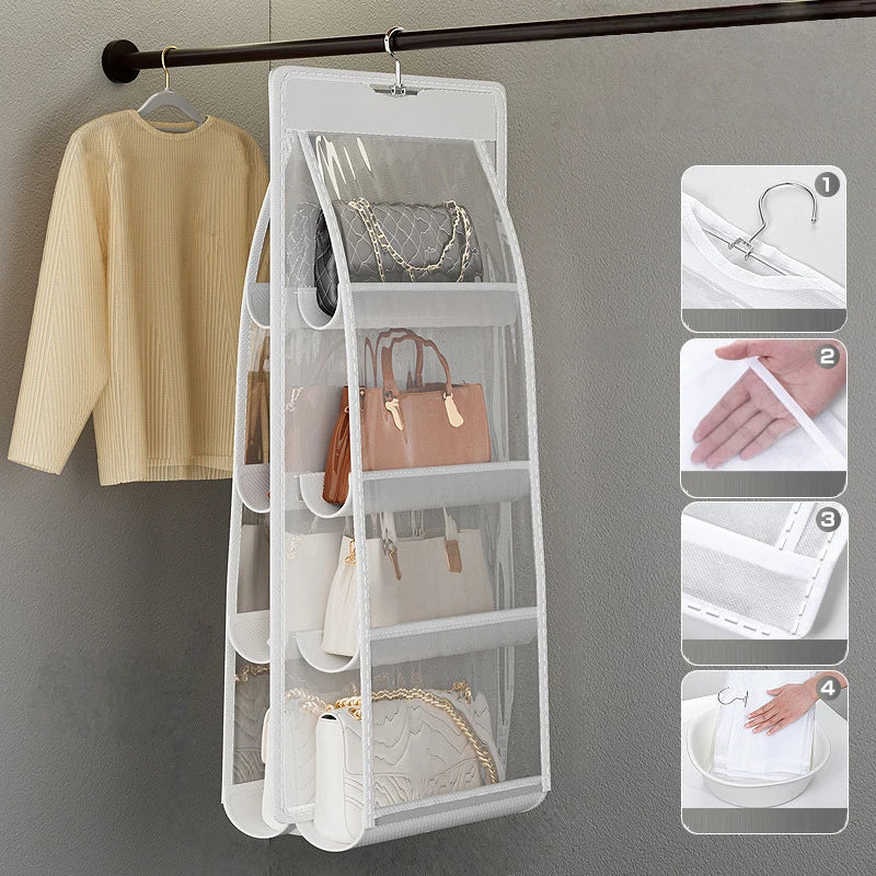 sac main blanc gris maille transparente moderne crochets métalliques réutilisable pvc utilisation multiple organisateur