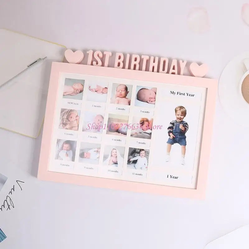 cadre photo bébé first year rose clair moderne minimaliste photos texte 1st birthday affichage