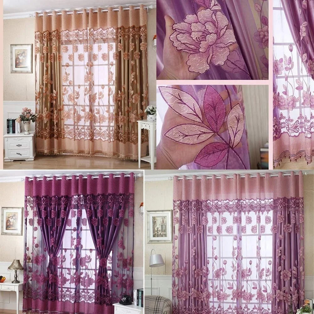 rideaux polonais floral translucides rose violet marron brodés chanvre romantiques salon chambre