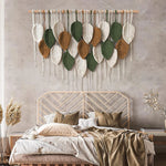décoration murale boho feuilles stylisées coton biologique rubans vert beige gris