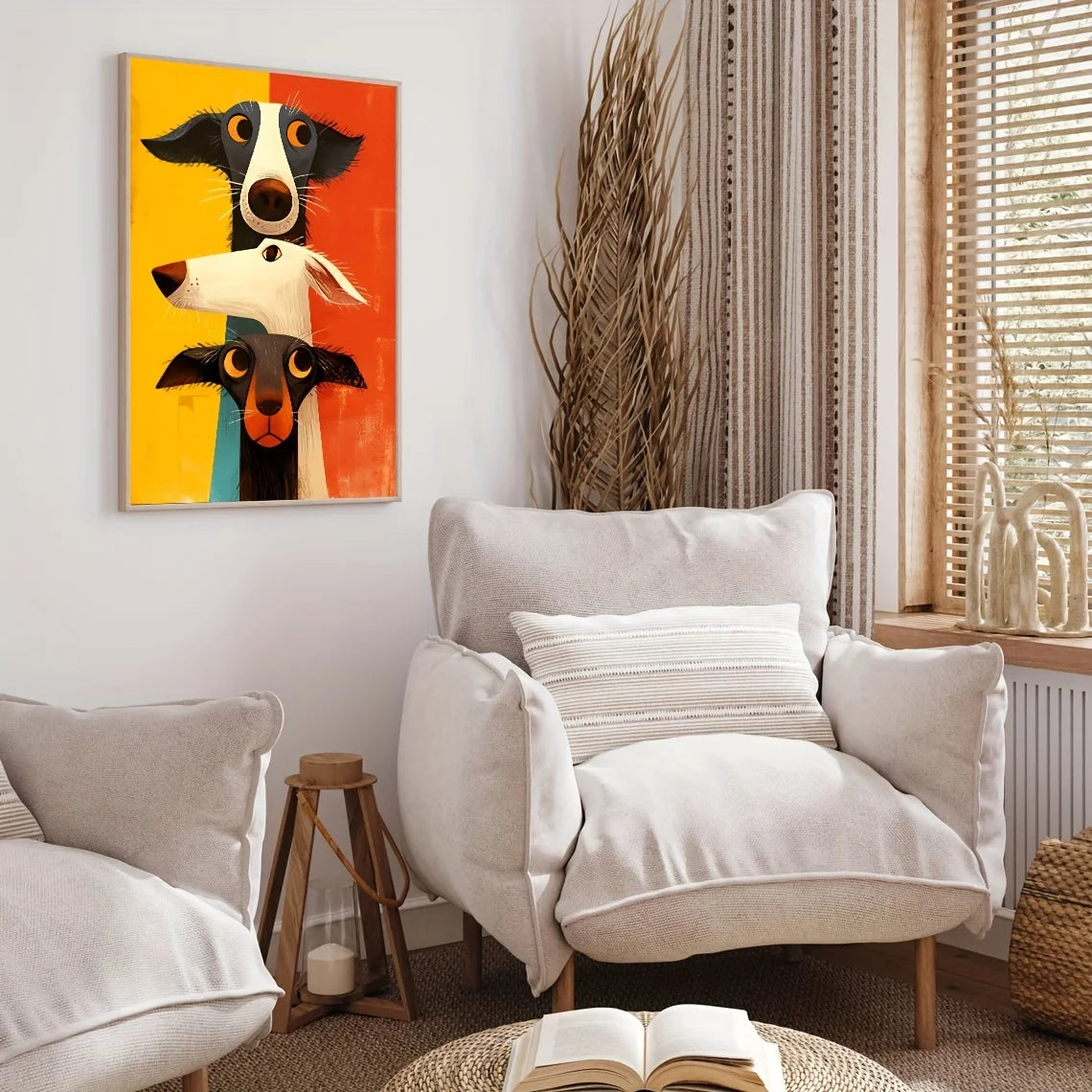 tableau moderne impression toile visage animal stylisé jaune orange bleu opaque décoration chambre sans