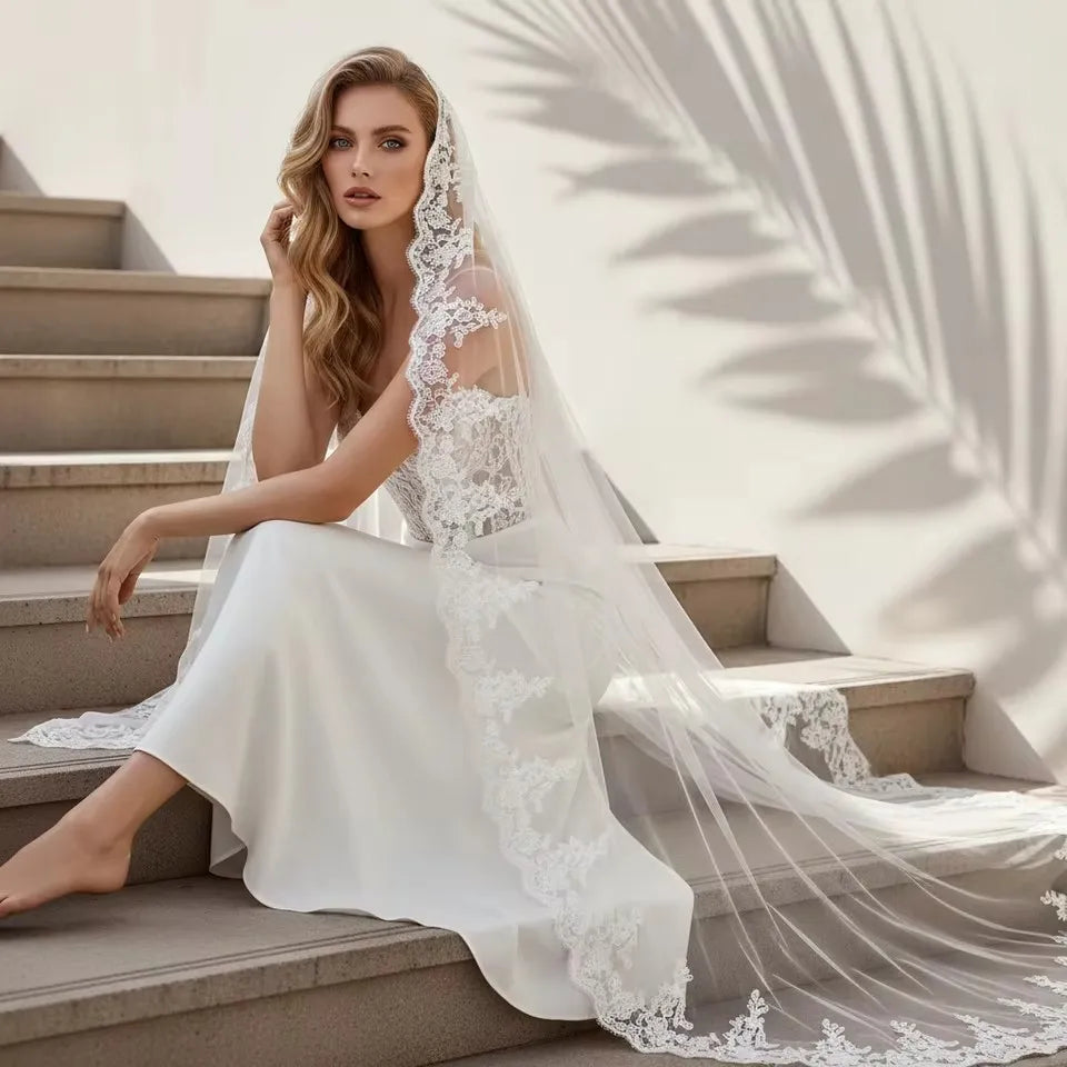 voile mariée blanc broderie florale classique bordure dentelle tulle translucide femme événementière erotique