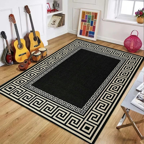 tapis sol rectangulaire motif géométrique grec noir blanc or moderne salon chambre décoratif