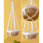 panier suspendu boho tissé motifs géométriques couleur beige vert anneaux métalliques rustic decoration jardin