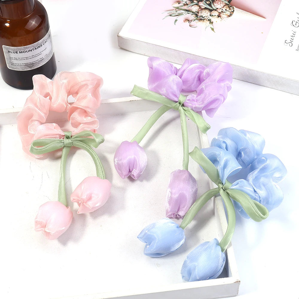 Décoration intérieure tulipes artificielles 3D fleurs polyester accessoires cheveux élastiques vert rose blanc
