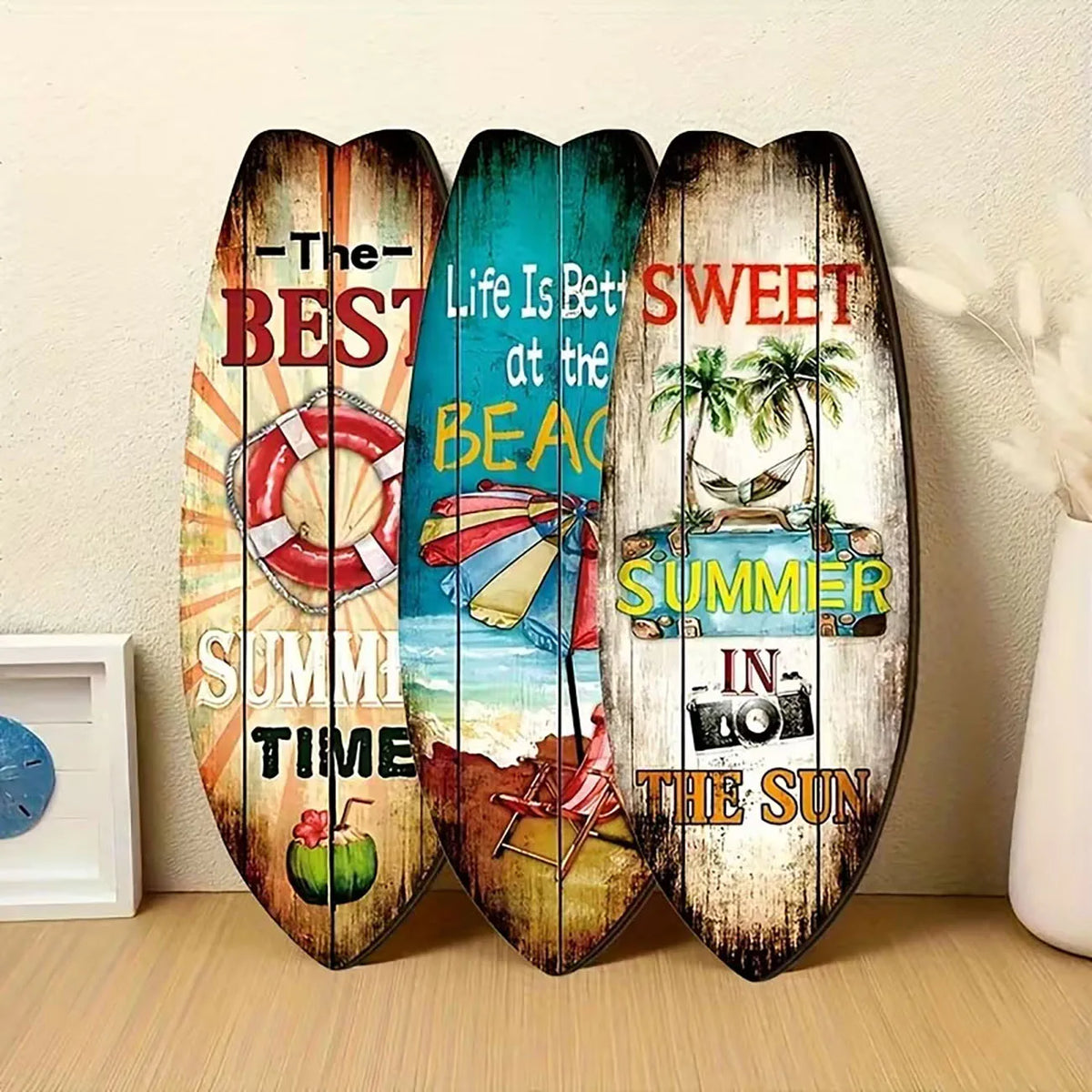 décoration murale vintage planche surf multicolore motifs estivaux adhésif nano glue maison plage