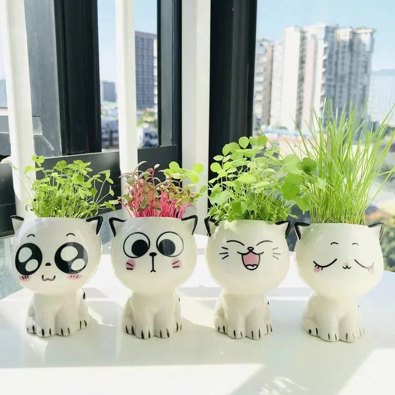 vase céramique glacé cartoon chat sourire plante décoration diy blanc erotique
