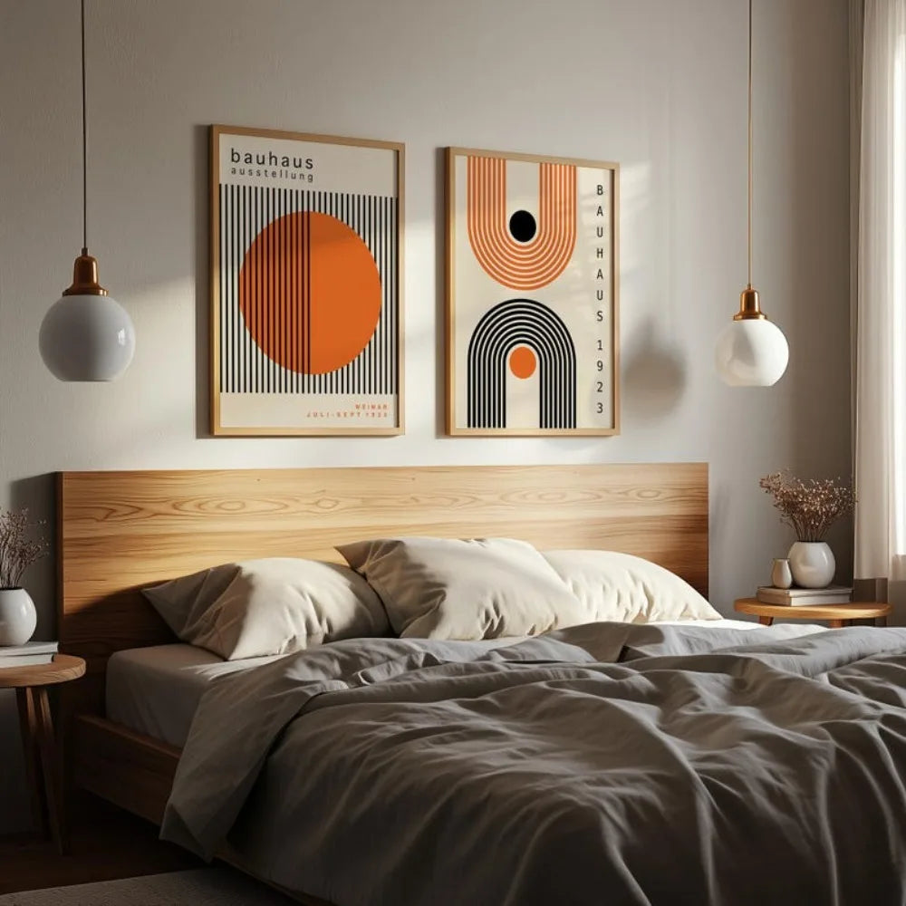 affiche abstraite graphique beige noir orange moderne sans cadre toile chambre salon decoration vertical