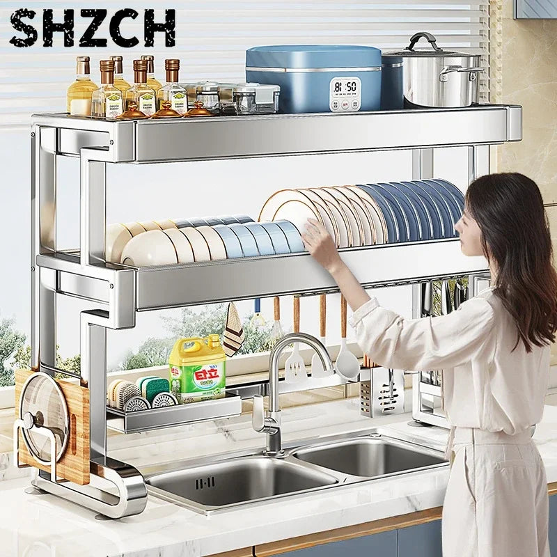 étagère cuisine inoxydable lisse moderne porte savon porte couteaux grille séchage vaisselle économie espace