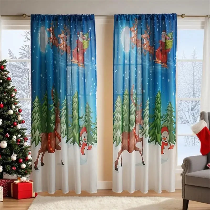rideau noël polyester bleu blanc motif santas rennes festif translucide ventana pastorale