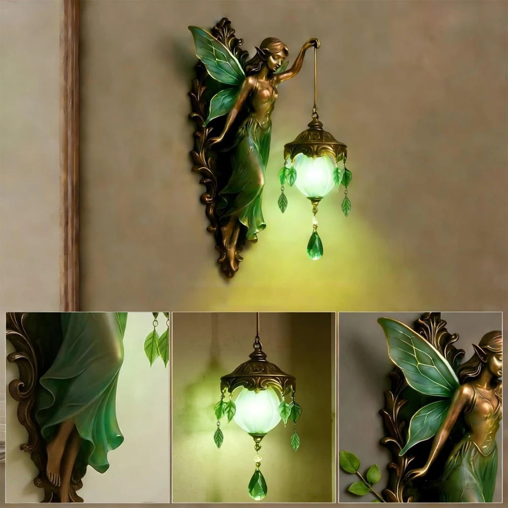 lampe murale mythologique sculptée personnages feuilles verre translucide bronze verte decorative fantastique