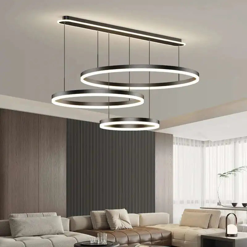 anneaux suspension lumineuse moderne minimaliste led salon noir blanc contemporain