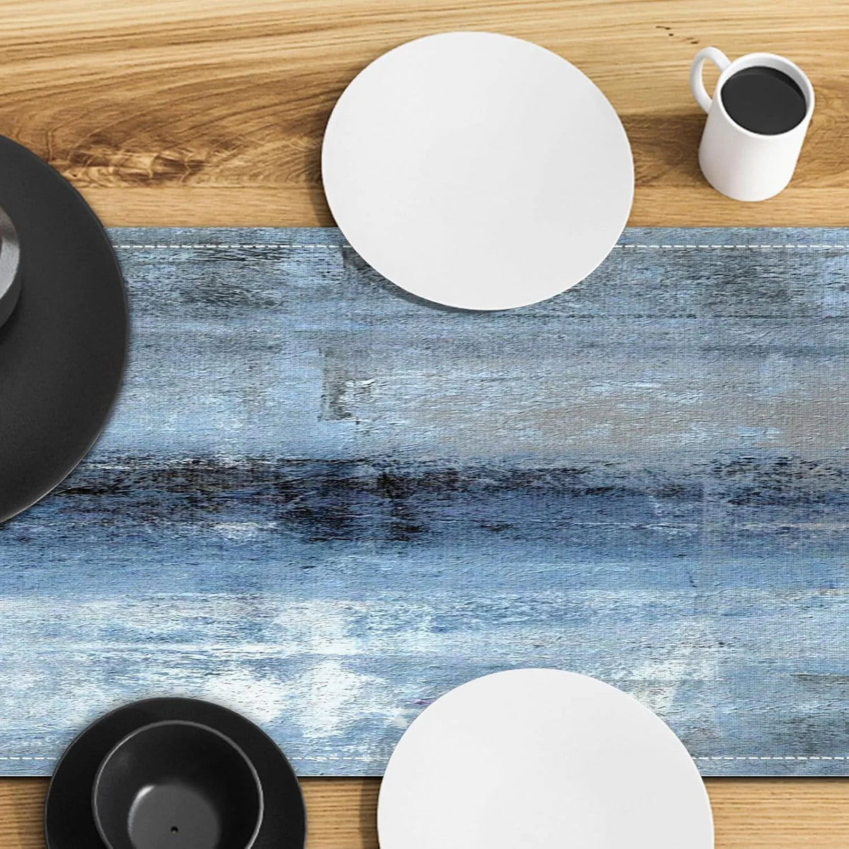 table chevet moderne chemin table lin bleu gris résistant l'usure antidérapant rustique assiettes tasses