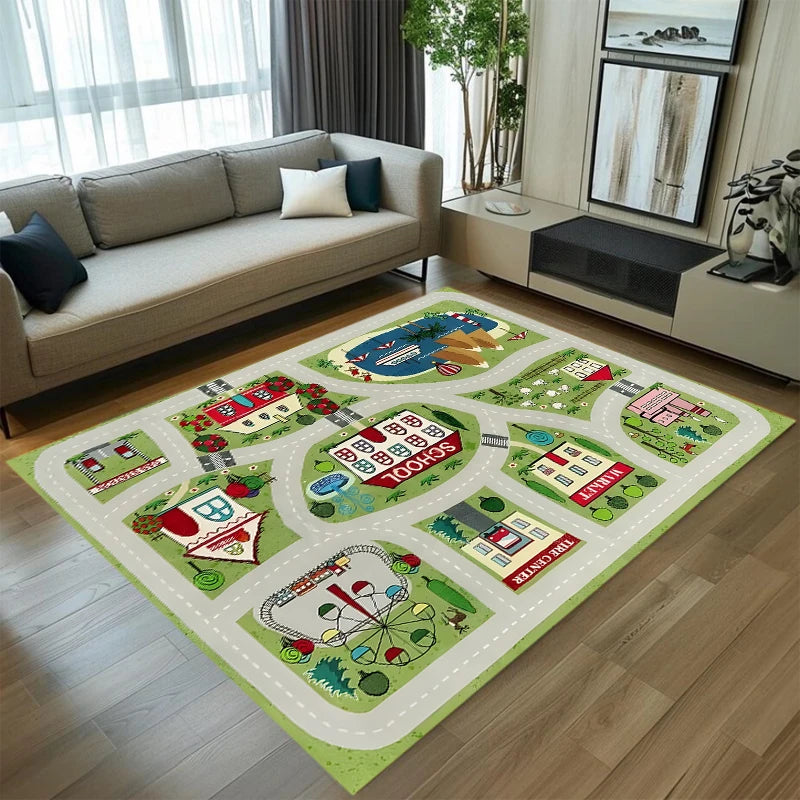 tapis jeu enfants thème urbain personnages animés rues voitures blanc rose