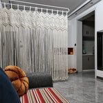rideau macramé blanc crème motifs géométriques franges boho chic crochet métallique