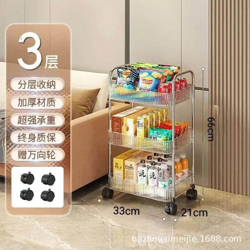 chariot roulettes transparent moderne filetage niveaux boîtes divers biscuits thé cosmétiques jouets