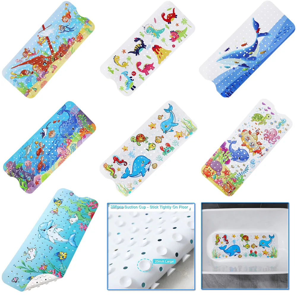 tapis bain cartoon poissons coraux baleines 40x100cm anti dérapant ventouse moderne enfantin bleu blanc