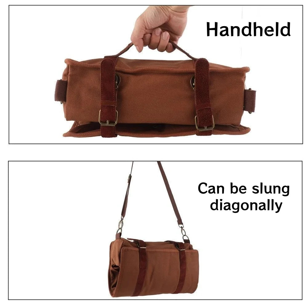 sac outils barman tissu texturé compartiments élastiques sangles réglables vintage utilitaire cocktails