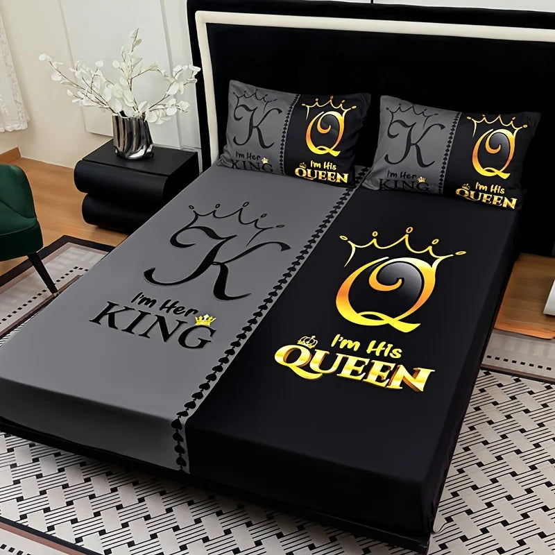 ensemble literie noir gris moderne plaid lettres couronne king queen doré lit housse polyester