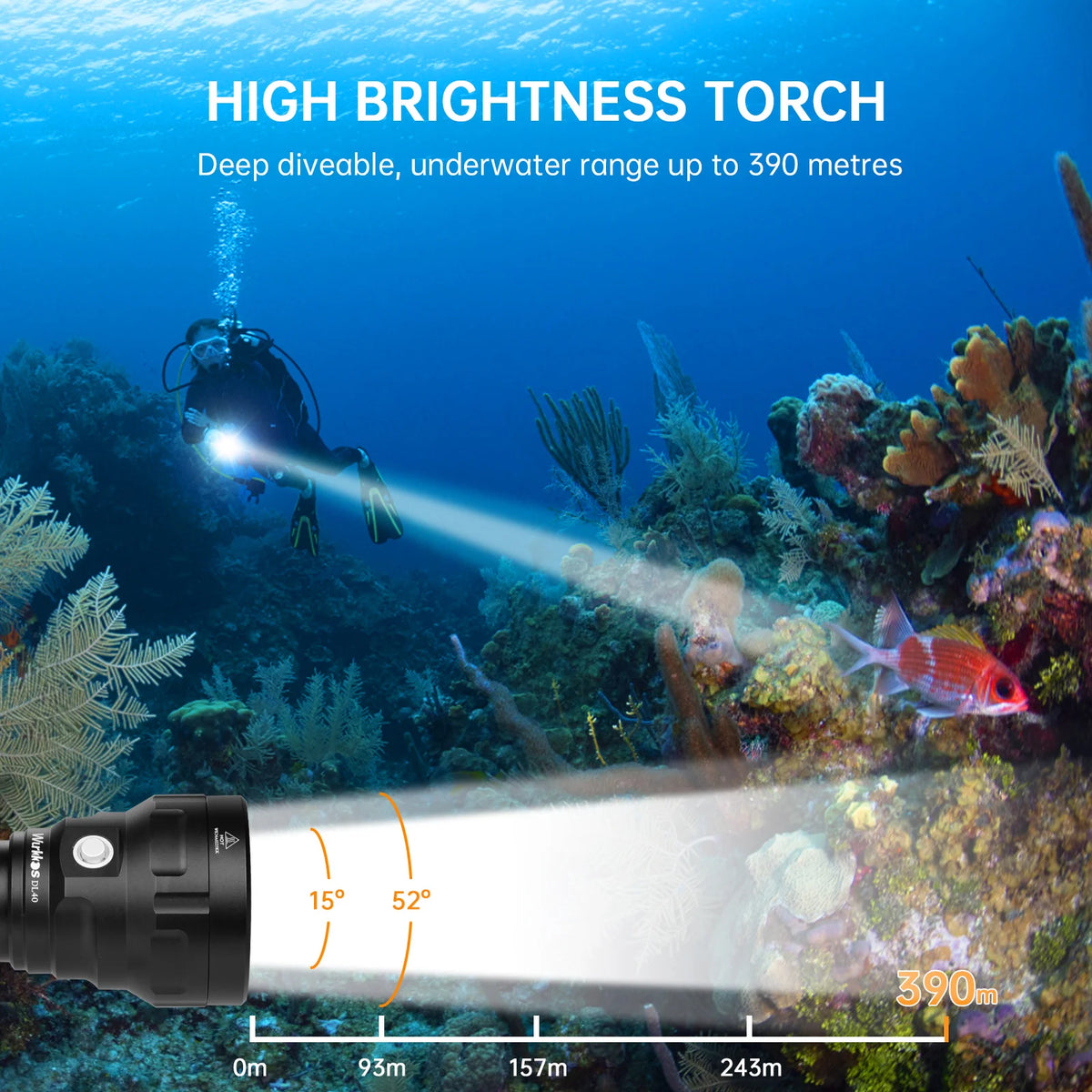 lampe torche sous marine 5000 lumens leds rechargeable plongee corail indicateur profondeur