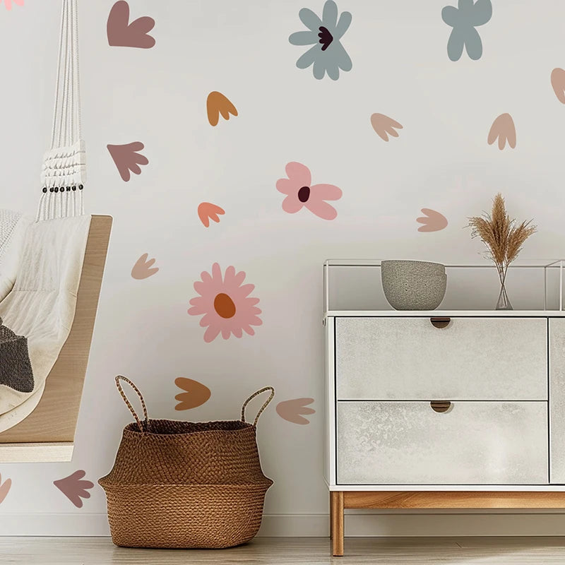 sticker mural géométrique fleurs simple moderne enfants bleu vert orange rose jaune gris blanc