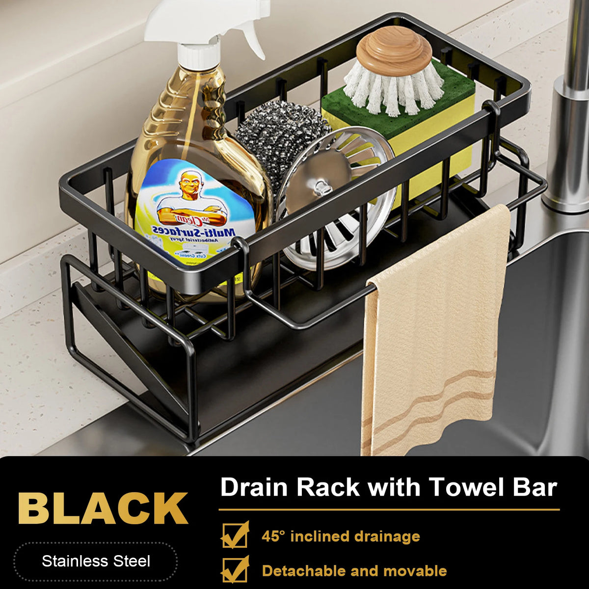 organisateur évier acier inoxydable argenté moderne rangement bouteille liquide vaisselle éponge brosse serviette minimaliste