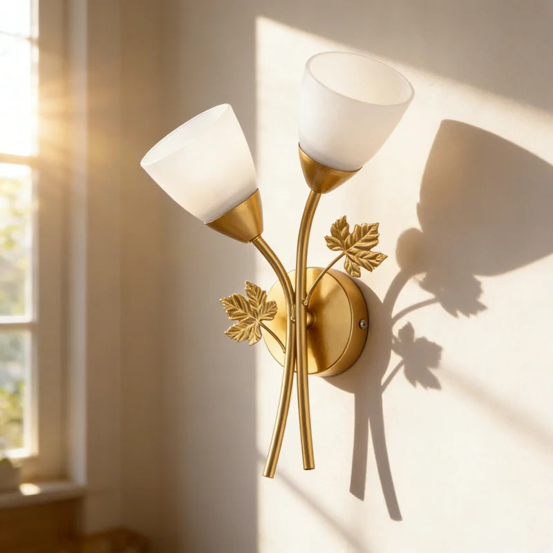 lampe murale deux têtes or feuilles décoratives abat jour opaque cuisine chambre coucher entrée