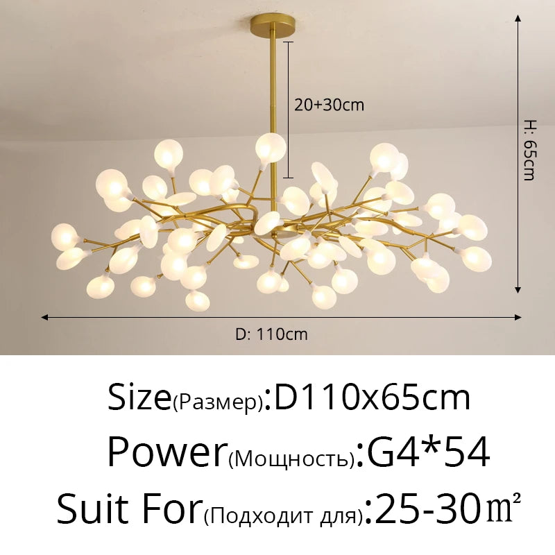 suspension lumineuse or blanc feuilles stylisées opalescente contemporaine 18 ampoules