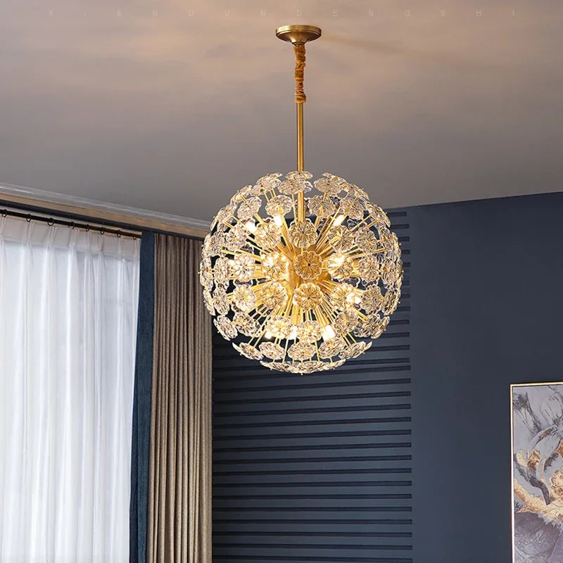 suspension lumineuse moderne or transparent cristal fleurs élégante chaîne métallique lumière led warm cool