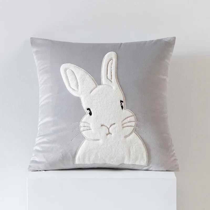 coussin gris clair motif lapin blanc mignon fermeture glissière ultra doux polyester coton jacquard
