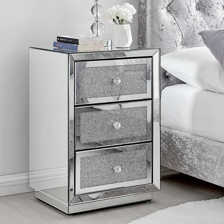 commode moderne miroir argentée paillette tiroirs poignées cristal chambre coucher glamour