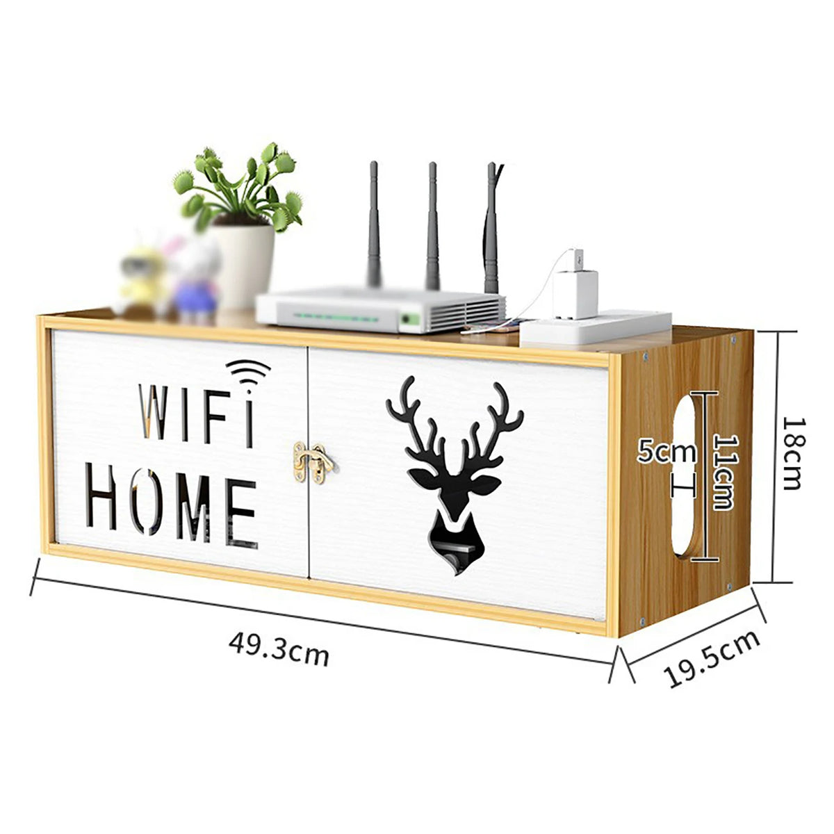 meuble rangement mural blanc bambou prises électriques étagères cable wifi