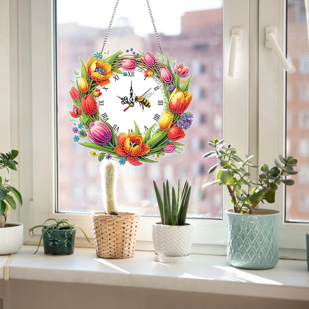 horloge suspendue 2d fleurs oiseaux motifs géométriques blanc multicolore métal chaines