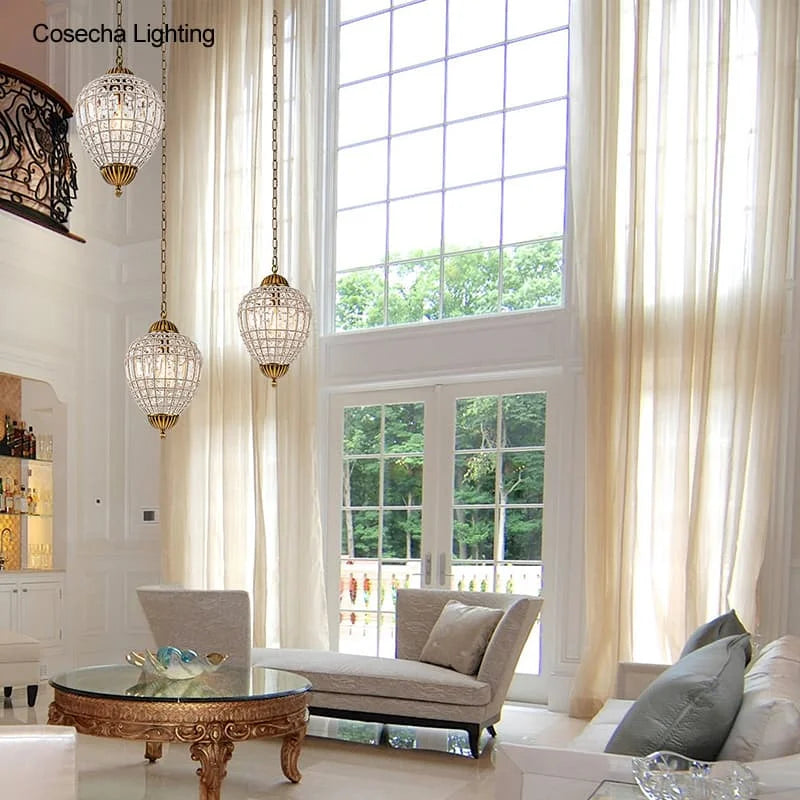 lustre suspension classique cristal transparent doré élégant chambre salon