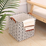 panier rangement pliant lin blanc noir rayures lettres poignées cuir moderne