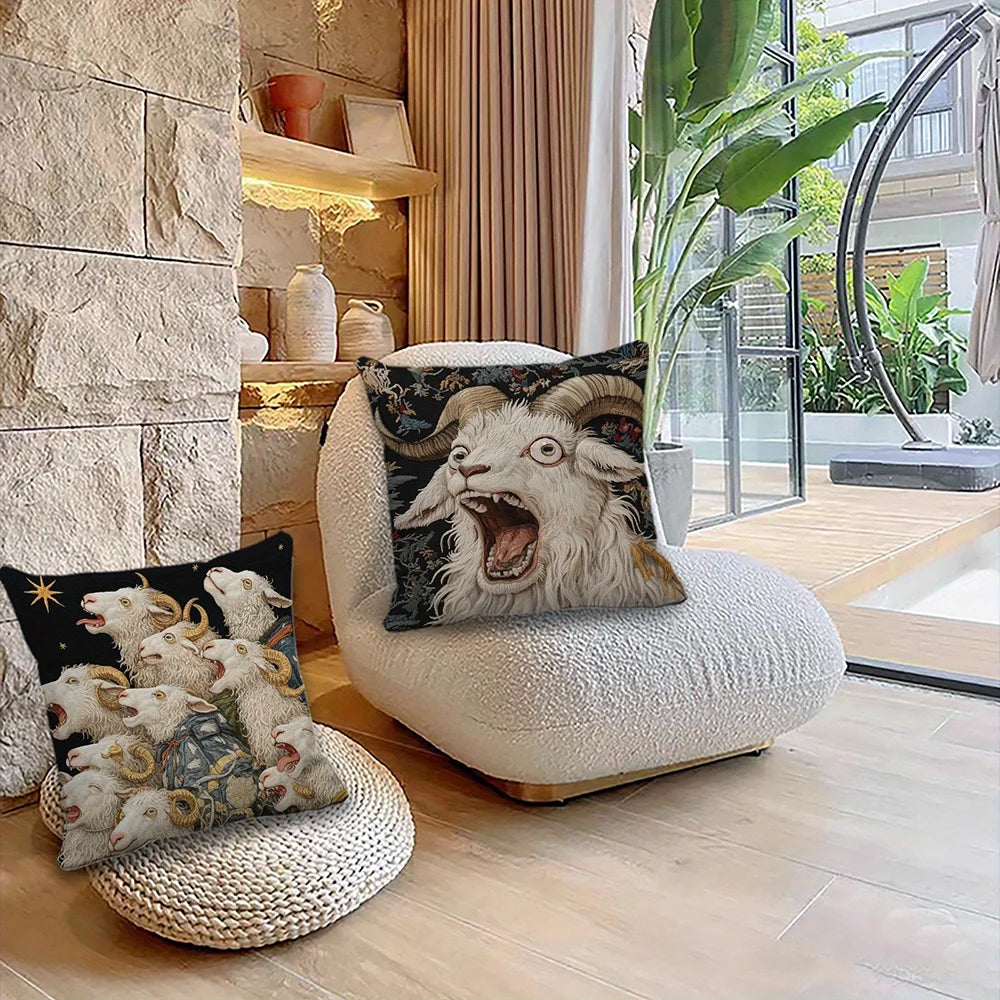 taies d'oreiller vintage motif chèvres noir blanc gris polyester peachskin 45x45cm décoration maison hospitalière
