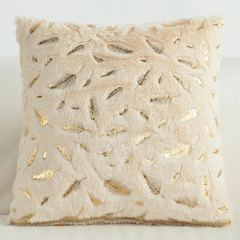housses coussin plumes dorées fourrure moderne beige bleu rouge gris rose 43x43cm polyester respectueux