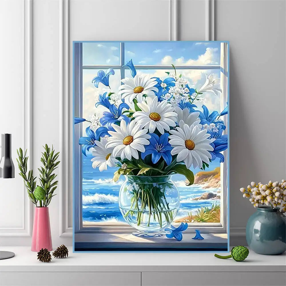 peinture diamant bouquet fleurs vase transparent feuilles vertes blanc bleu réaliste classique 30cm 40cm